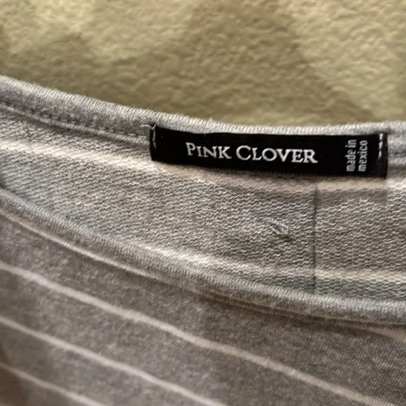 Pink Clover woman's gray and white long striped tee shirt with buttons on back - Picture 4 of 9